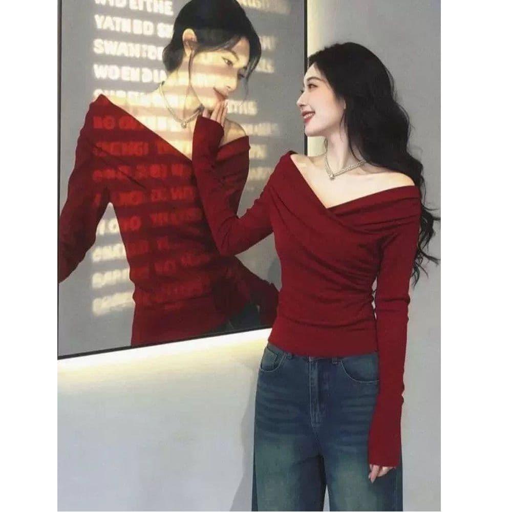 리브 De 플러시 십자가 디자인 센스 보트넥 이슬 쇄골 긴팔 티셔츠 여성 가을 기본 셔츠 맨위 이미지 3