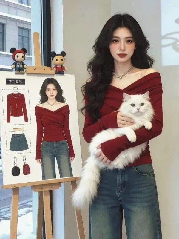 리브 De 플러시 십자가 디자인 센스 보트넥 이슬 쇄골 긴팔 티셔츠 여성 가을 기본 셔츠 맨위 상세 이미지 2