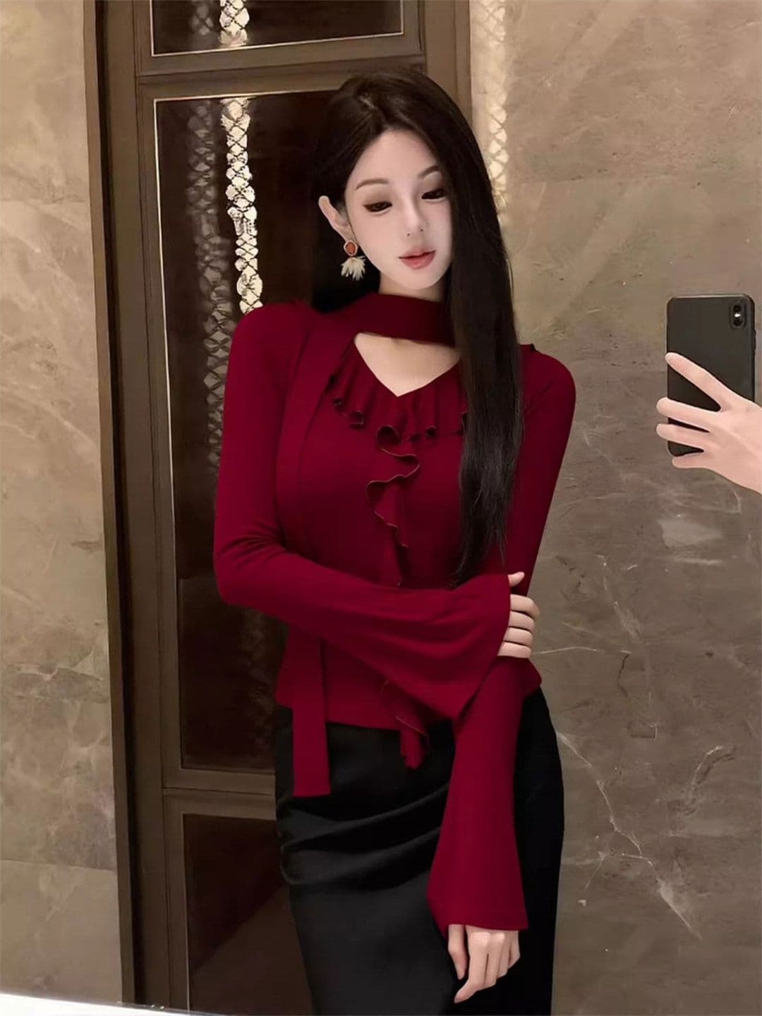 와 사고 방식 한 부서 프릴 리본 빨간색 맨위 여성 가을 품격 몸매 가꾸기 인사이드 가져 가라. 기본 셔츠 상세 이미지 2