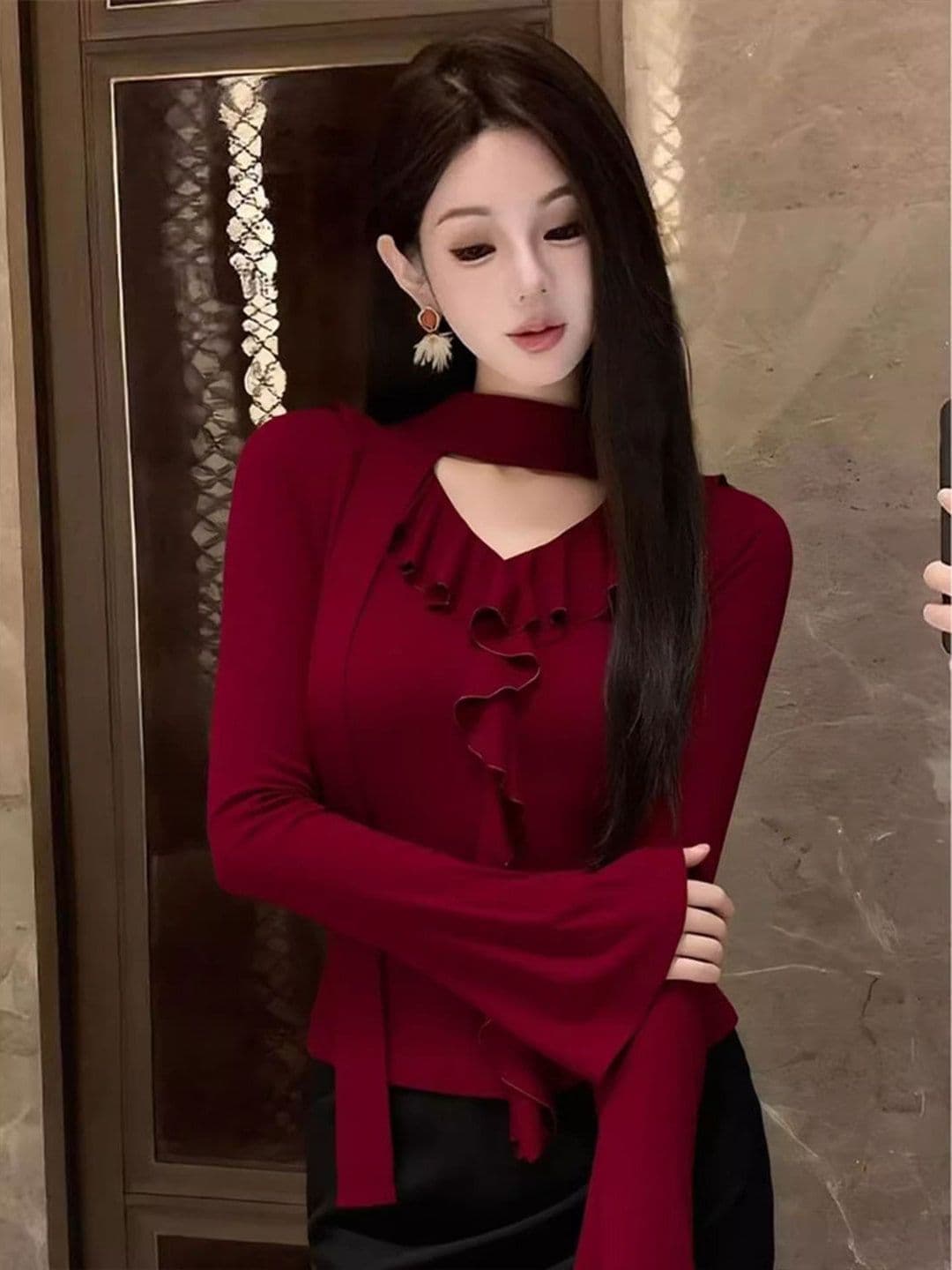 와 사고 방식 한 부서 프릴 리본 빨간색 맨위 여성 가을 품격 몸매 가꾸기 인사이드 가져 가라. 기본 셔츠 상세 이미지 3