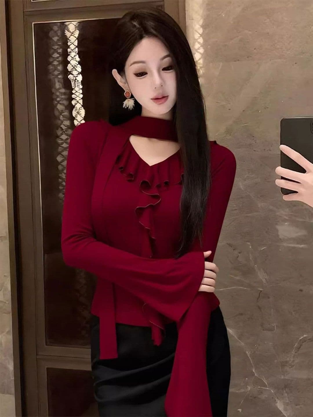와 사고 방식 한 부서 프릴 리본 빨간색 맨위 여성 가을 품격 몸매 가꾸기 인사이드 가져 가라. 기본 셔츠 상세 이미지 5