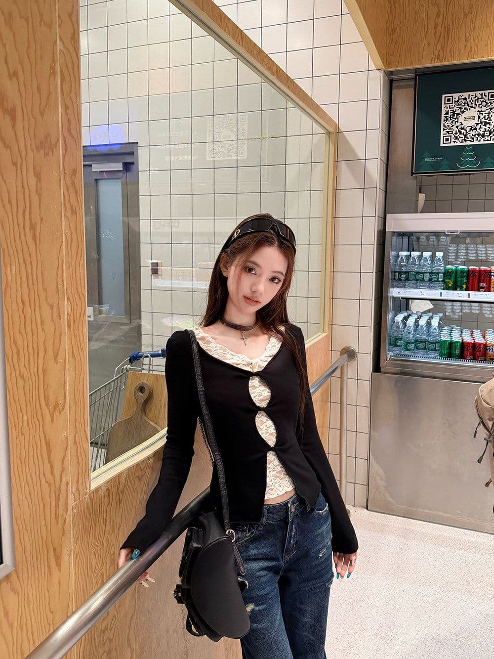 사람들 면 디자인 센스 레이스 조각 페이크 레이어드 긴팔 티셔츠 여성 가을 몸매 가꾸기 슬림해 보이는 기본 셔츠 맨위 상세 이미지 6