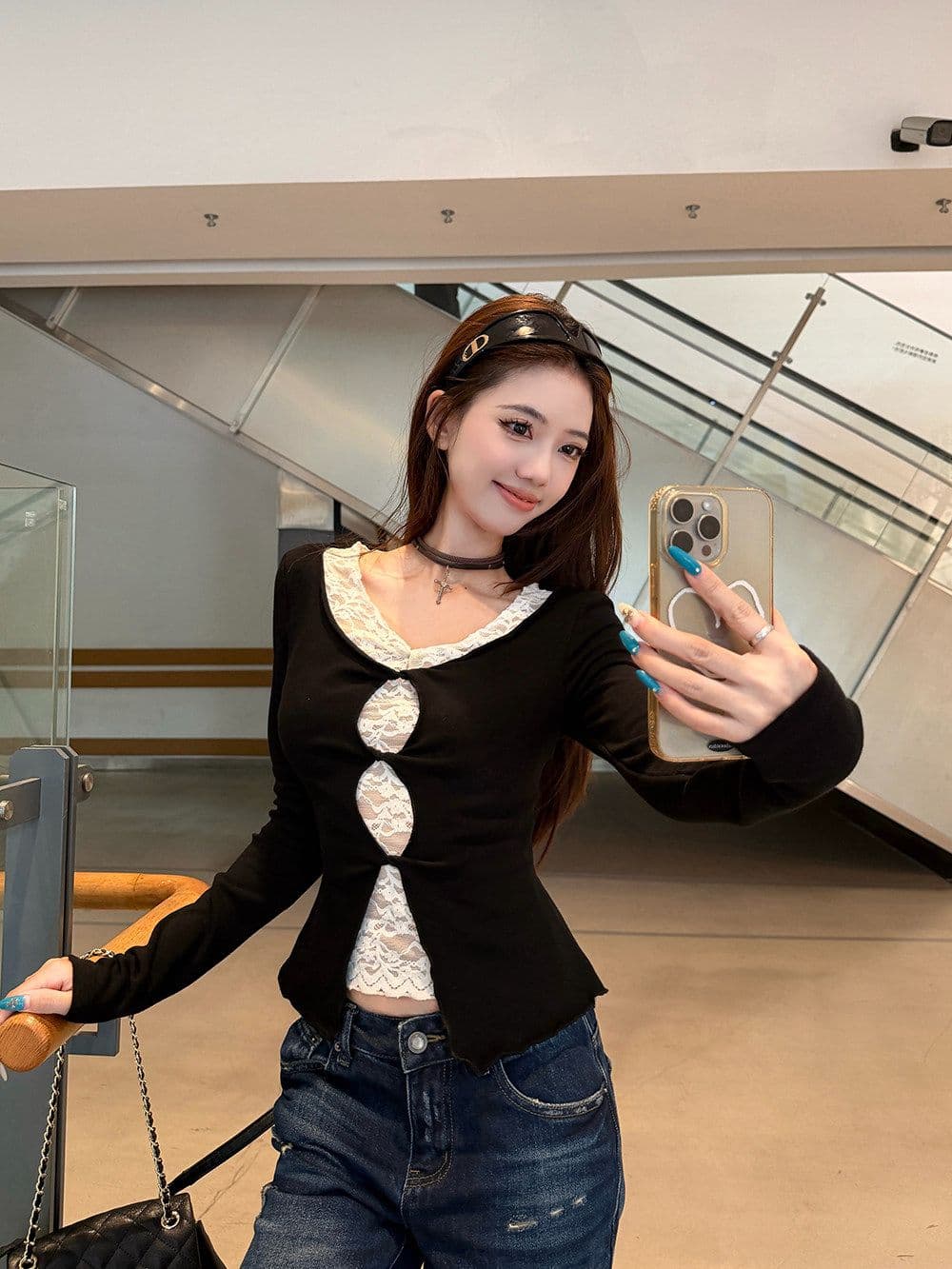 사람들 면 디자인 센스 레이스 조각 페이크 레이어드 긴팔 티셔츠 여성 가을 몸매 가꾸기 슬림해 보이는 기본 셔츠 맨위 상세 이미지 7