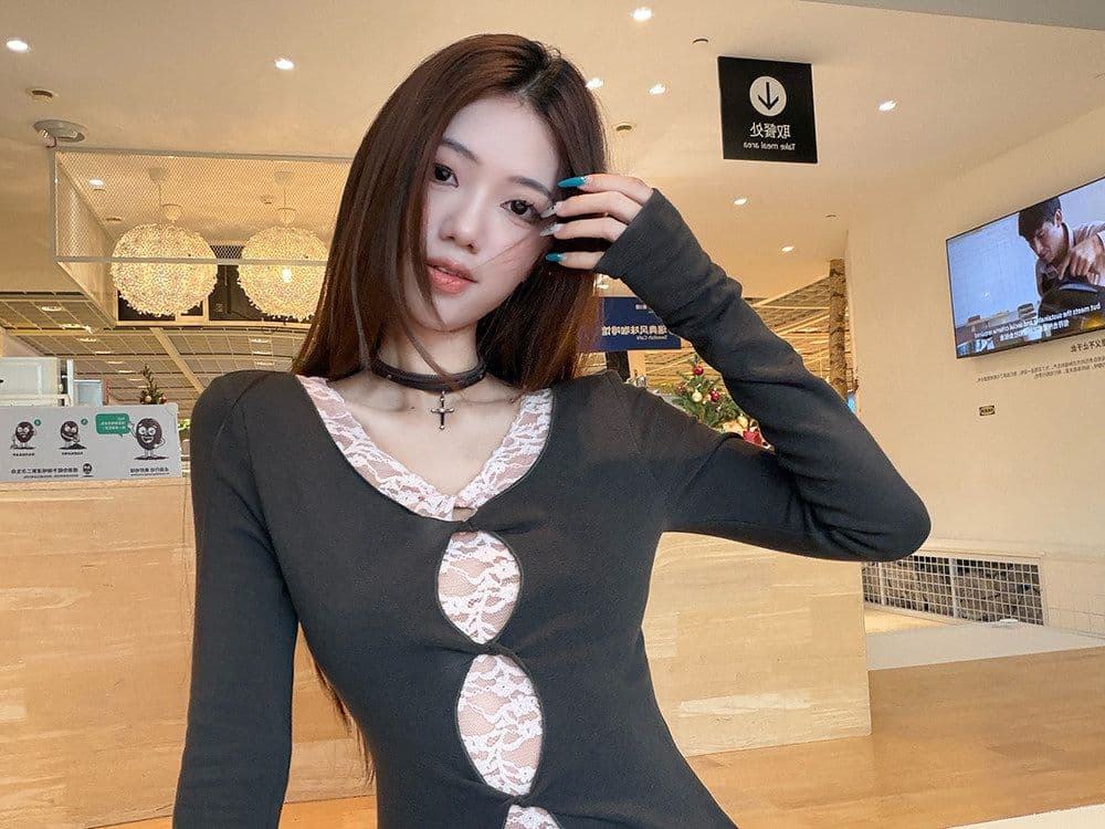 사람들 면 디자인 센스 레이스 조각 페이크 레이어드 긴팔 티셔츠 여성 가을 몸매 가꾸기 슬림해 보이는 기본 셔츠 맨위 상세 이미지 12