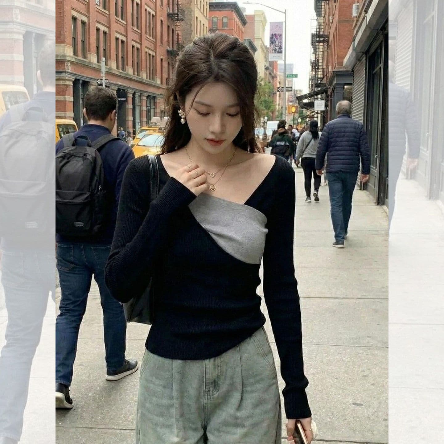슈 피부 플러시 검정색 불규칙 십자가 니트 기본 셔츠 여성 인사이드 가져 가라. 가을 고급 센스 맨위 이미지 3