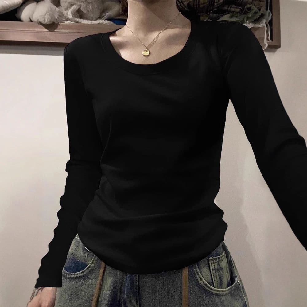 있음 선적 원본 대외 무역 한국 스타일 새로운 레트로 긍정적 인 어깨 긴팔 티셔츠 여성 몸매 가꾸기 쇼트 스타일 맨위 이미지 2