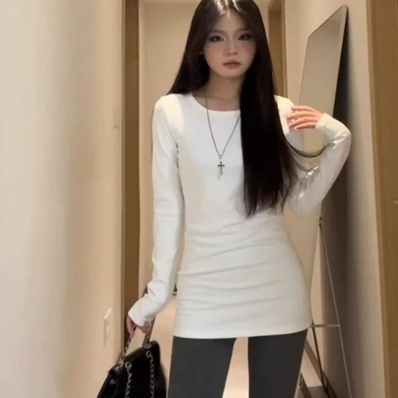 있음 선적 원본 대외 무역 한국 스타일 새로운 De 플러시 중간 길이 긴팔 티셔츠 여성 몸매 가꾸기 상세 이미지 16