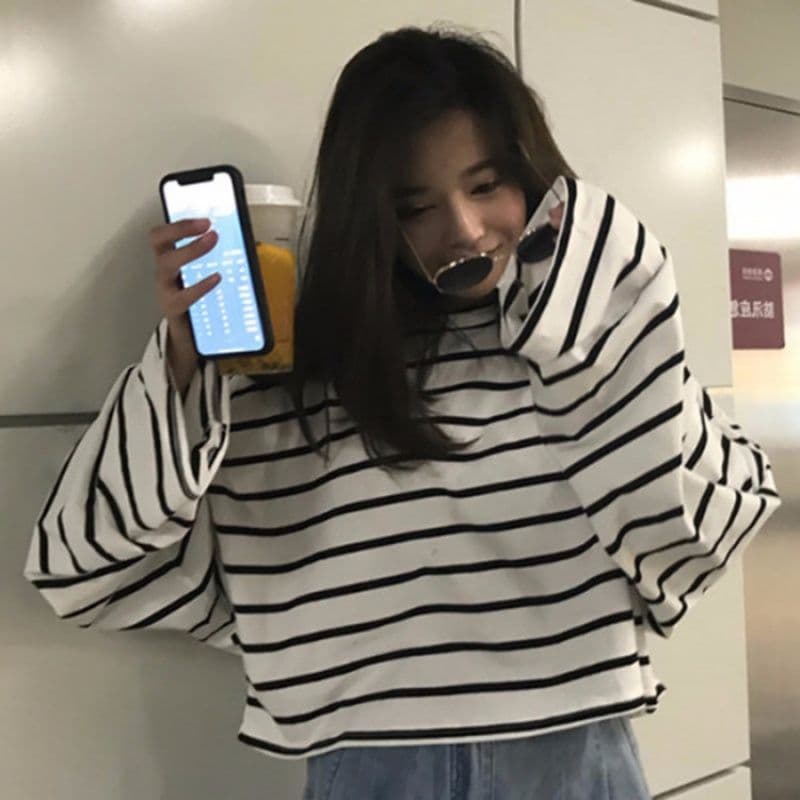 있음 선적 원본 대외 무역 한국 스타일 새로운 스트라이프 긴팔 만나는 티셔츠 여성 가을 루즈핏 라운드 넥 루즈핏 맨위 상세 이미지 3