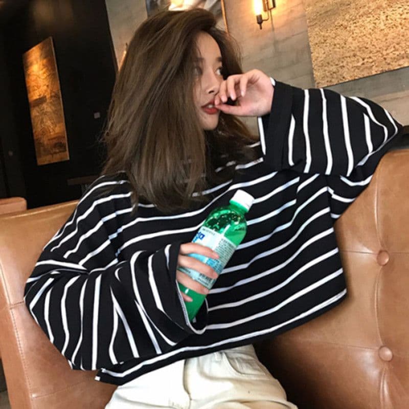 있음 선적 원본 대외 무역 한국 스타일 새로운 스트라이프 긴팔 만나는 티셔츠 여성 가을 루즈핏 라운드 넥 루즈핏 맨위 상세 이미지 6