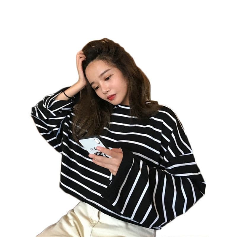 있음 선적 원본 대외 무역 한국 스타일 새로운 스트라이프 긴팔 만나는 티셔츠 여성 가을 루즈핏 라운드 넥 루즈핏 맨위 상세 이미지 14
