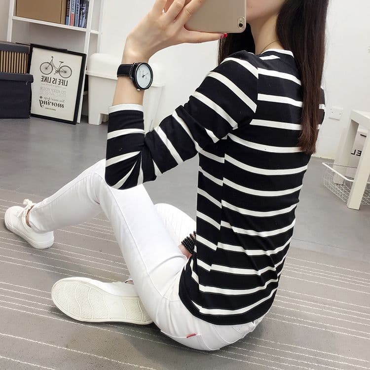 있음 선적 원본 대외 무역 새로운 한국 스타일 V넥 긴팔 티셔츠 여성 스트라이프 기본 셔츠 맨위 상세 이미지 18