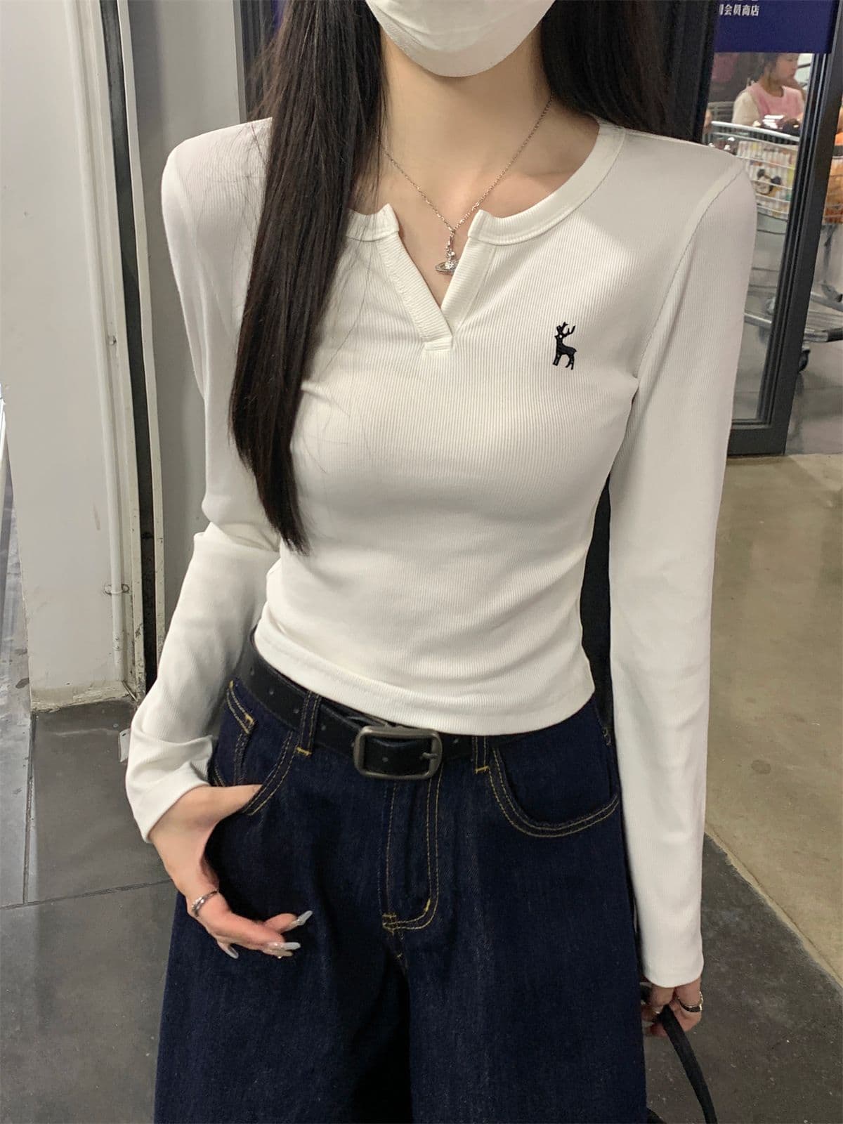 있음 선적 원본 대외 무역 한국 스타일 새로운 레트로 자수 반 개방 칼라 긴팔 티셔츠 여성 의류 가을 만나는 맨위 상세 이미지 23