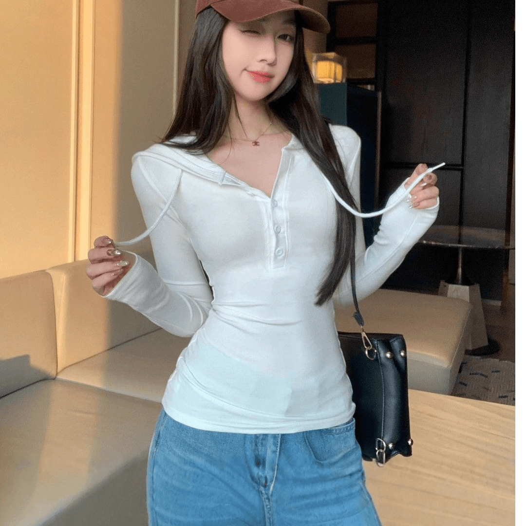 있음 선적 원본 대외 무역 한국 스타일 가을 새로운 핫걸 몸매 가꾸기 반 개방 버클 후드 티 스웨터 허리 수축 긴팔