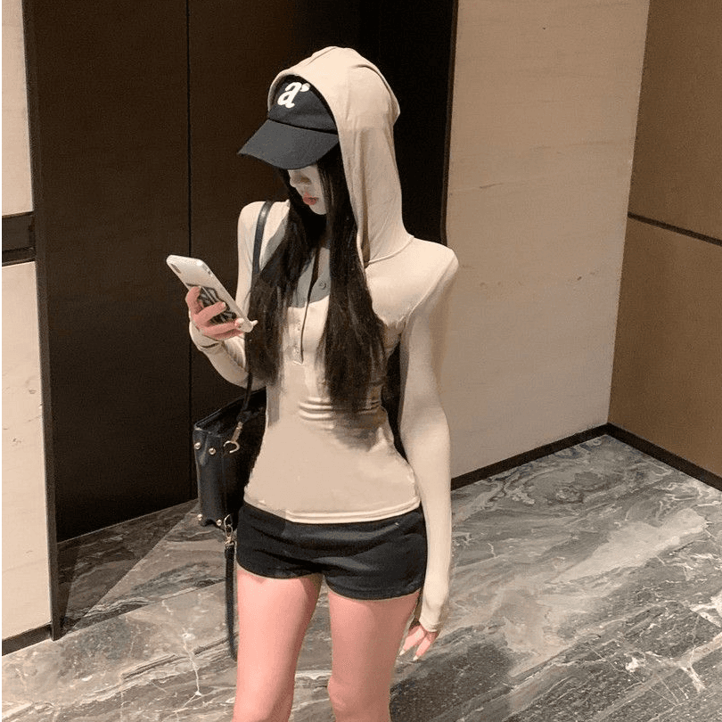 있음 선적 원본 대외 무역 한국 스타일 가을 새로운 핫걸 몸매 가꾸기 반 개방 버클 후드 티 스웨터 허리 수축 긴팔 상세 이미지 3