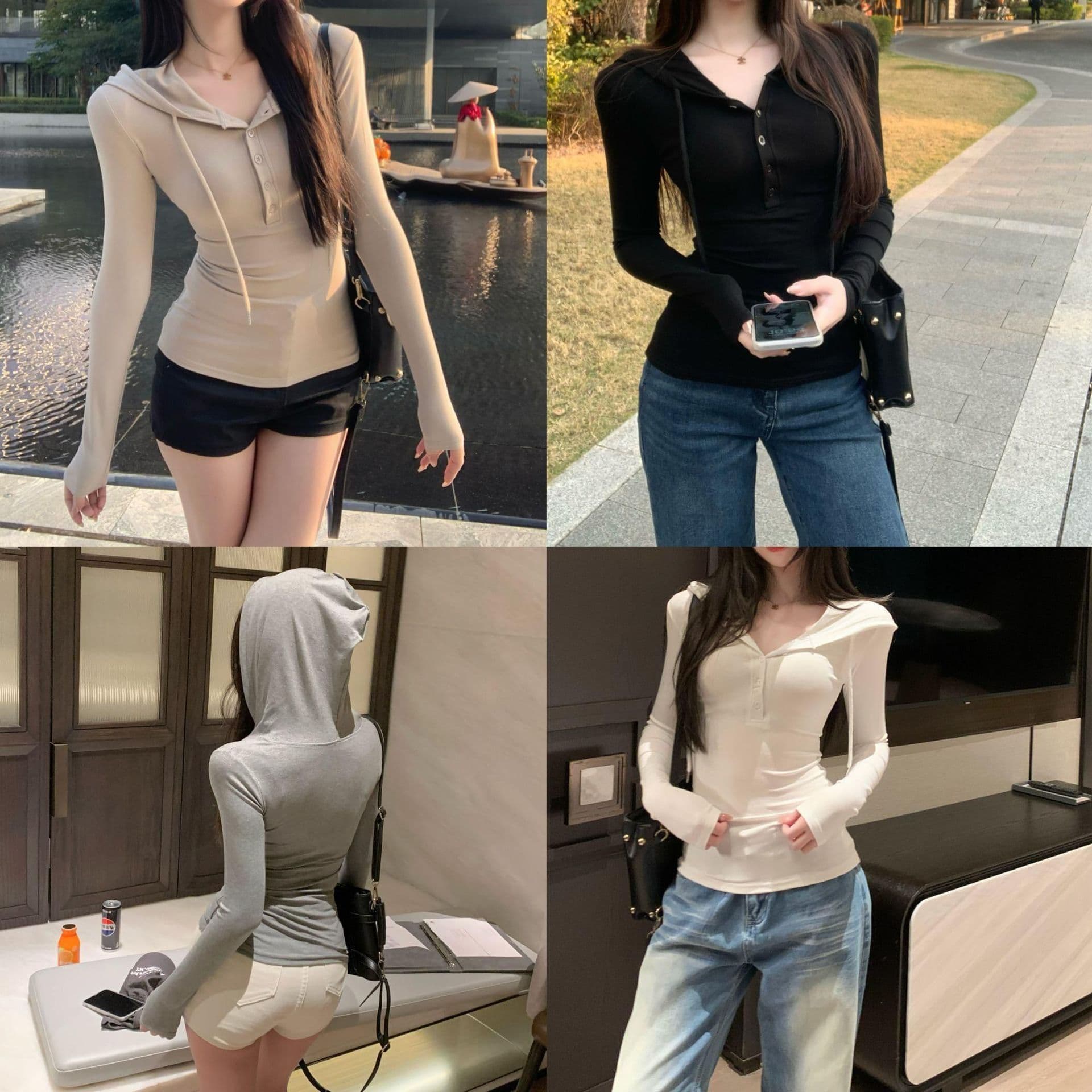 있음 선적 원본 대외 무역 한국 스타일 가을 새로운 핫걸 몸매 가꾸기 반 개방 버클 후드 티 스웨터 허리 수축 긴팔 상세 이미지 6