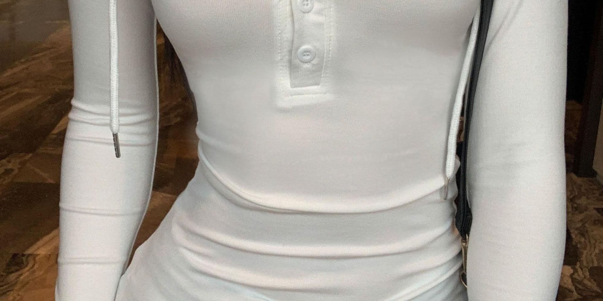 있음 선적 원본 대외 무역 한국 스타일 가을 새로운 핫걸 몸매 가꾸기 반 개방 버클 후드 티 스웨터 허리 수축 긴팔 상세 이미지 15