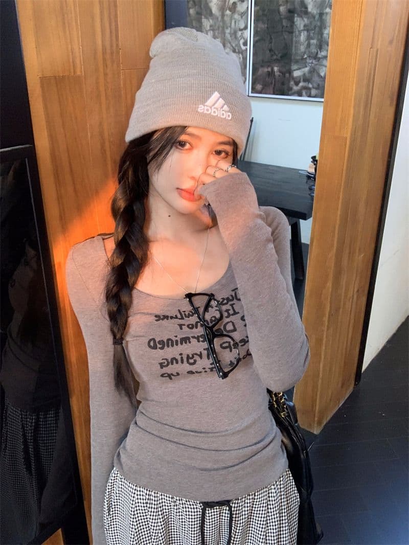 있음 선적 원본 대외 무역 한국 스타일 핫걸 바람 프린트 긴팔 티셔츠 여성 가을 한국 스타일 몸매 가꾸기 긍정적 인 어깨 상세 이미지 6