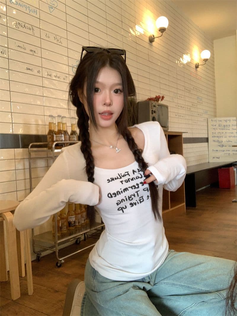 있음 선적 원본 대외 무역 한국 스타일 핫걸 바람 프린트 긴팔 티셔츠 여성 가을 한국 스타일 몸매 가꾸기 긍정적 인 어깨 상세 이미지 26