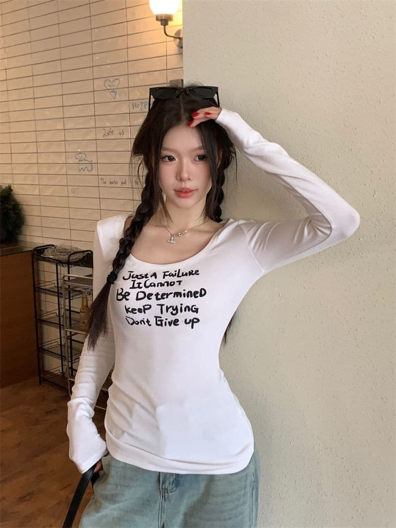 있음 선적 원본 대외 무역 한국 스타일 핫걸 바람 프린트 긴팔 티셔츠 여성 가을 한국 스타일 몸매 가꾸기 긍정적 인 어깨 상세 이미지 30