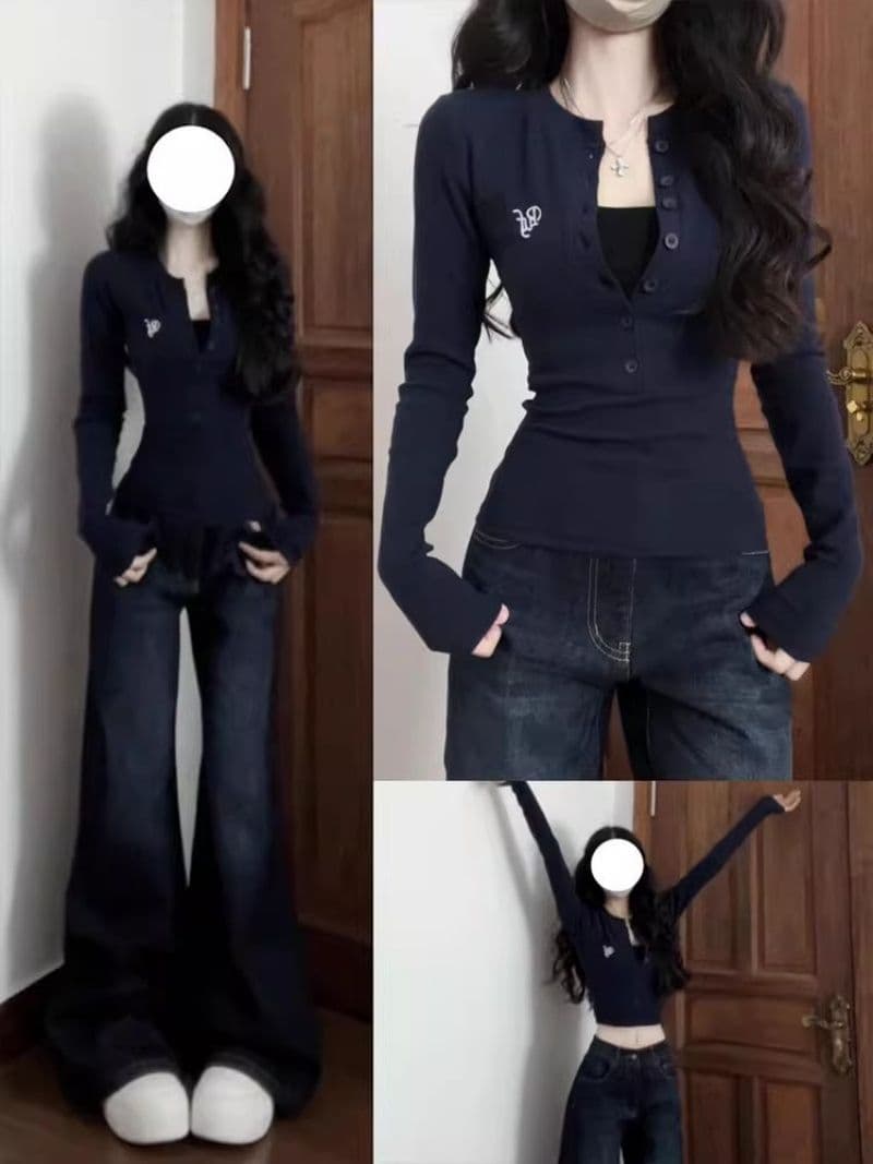 있음 선적 긍정적 인 어깨 단추 긴팔 티셔츠 여성 짧은 기본 셔츠 아메리칸 핫걸 몸매 가꾸기 맨위 상세 이미지 2