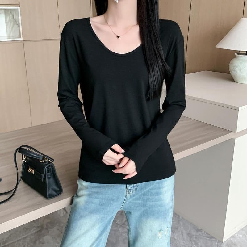 있음 선적 원본 대외 무역 한국 스타일 가을 새로운 느긋한 느슨함 센스 V넥 긍정적 인 어깨 긴팔 티셔츠 여성 루즈핏 맨위 이미지 3