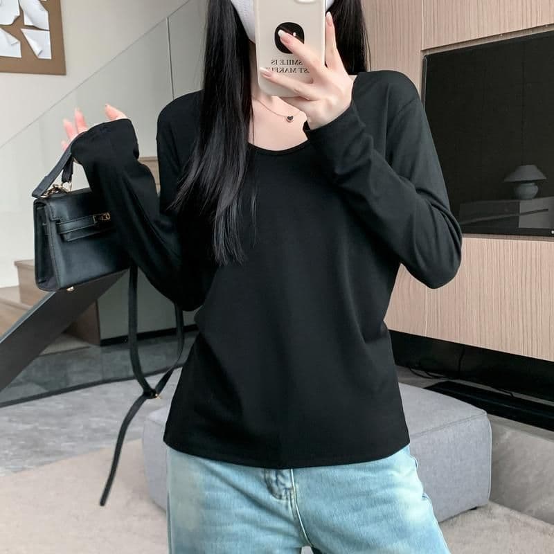 있음 선적 원본 대외 무역 한국 스타일 가을 새로운 느긋한 느슨함 센스 V넥 긍정적 인 어깨 긴팔 티셔츠 여성 루즈핏 맨위 이미지 2