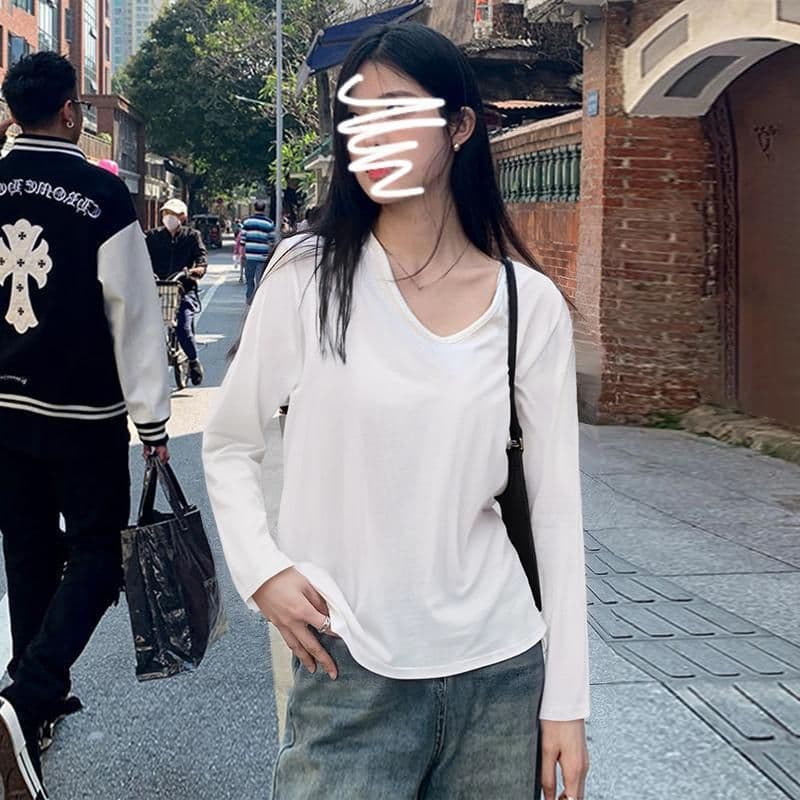있음 선적 원본 대외 무역 한국 스타일 가을 새로운 느긋한 느슨함 센스 V넥 긍정적 인 어깨 긴팔 티셔츠 여성 루즈핏 맨위 상세 이미지 6