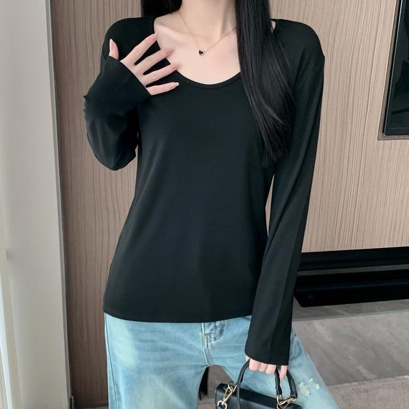 있음 선적 원본 대외 무역 한국 스타일 가을 새로운 느긋한 느슨함 센스 V넥 긍정적 인 어깨 긴팔 티셔츠 여성 루즈핏 맨위 상세 이미지 8