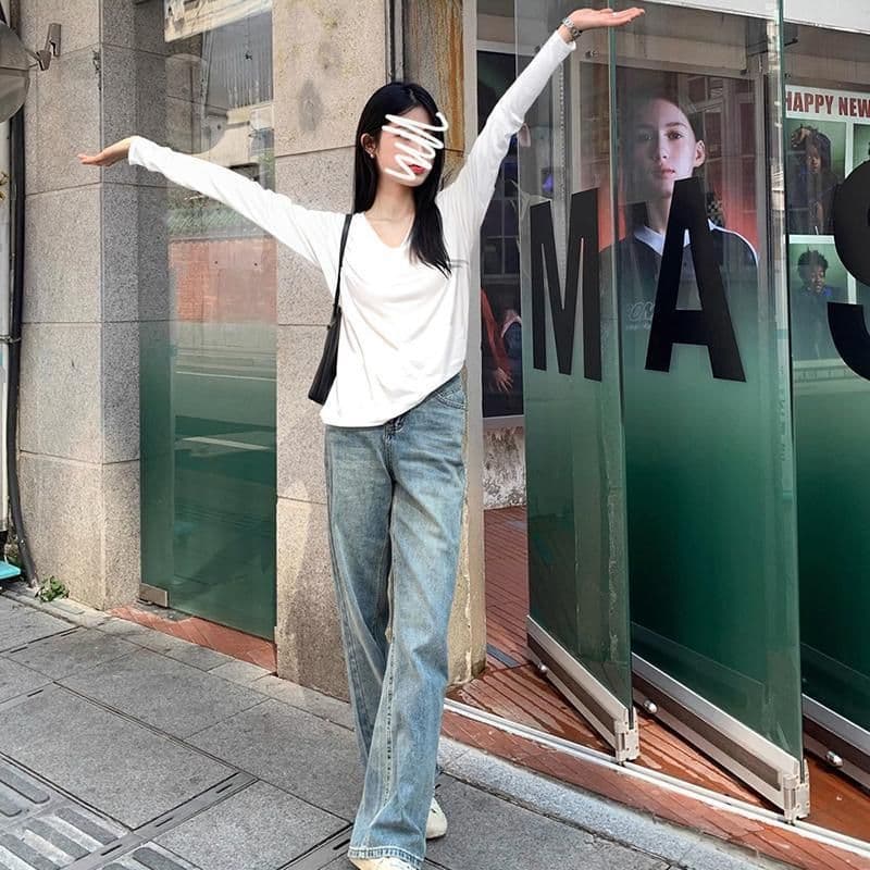 있음 선적 원본 대외 무역 한국 스타일 가을 새로운 느긋한 느슨함 센스 V넥 긍정적 인 어깨 긴팔 티셔츠 여성 루즈핏 맨위 상세 이미지 10