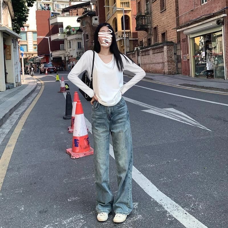 있음 선적 원본 대외 무역 한국 스타일 가을 새로운 느긋한 느슨함 센스 V넥 긍정적 인 어깨 긴팔 티셔츠 여성 루즈핏 맨위 상세 이미지 11