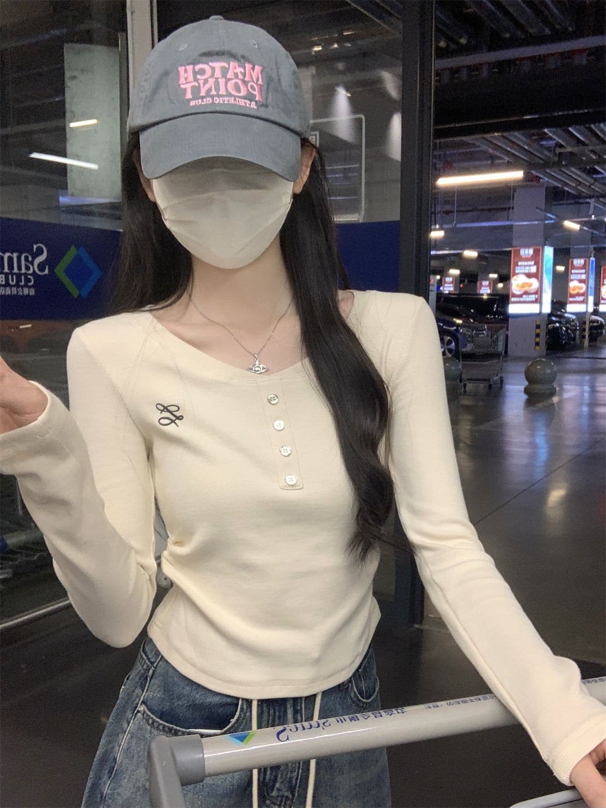 있음 선적 원본 새로운 한국 스타일 대외 무역 카드 허리 주름 가을 새로운 긍정적 인 어깨 자수 단추 V넥 긴팔 티셔츠 상세 이미지 17