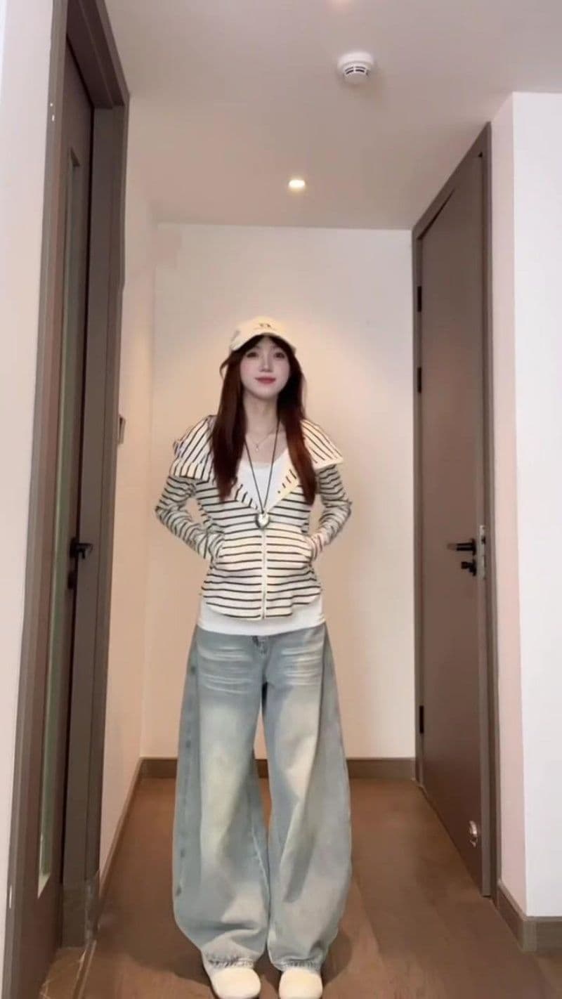 있음 선적 원본 대외 무역 한국 스타일 새로운 한 부서 가을 스트라이프 후드 티 스웨터 여성 루즈핏 느긋한 긴팔 재킷 이미지 2