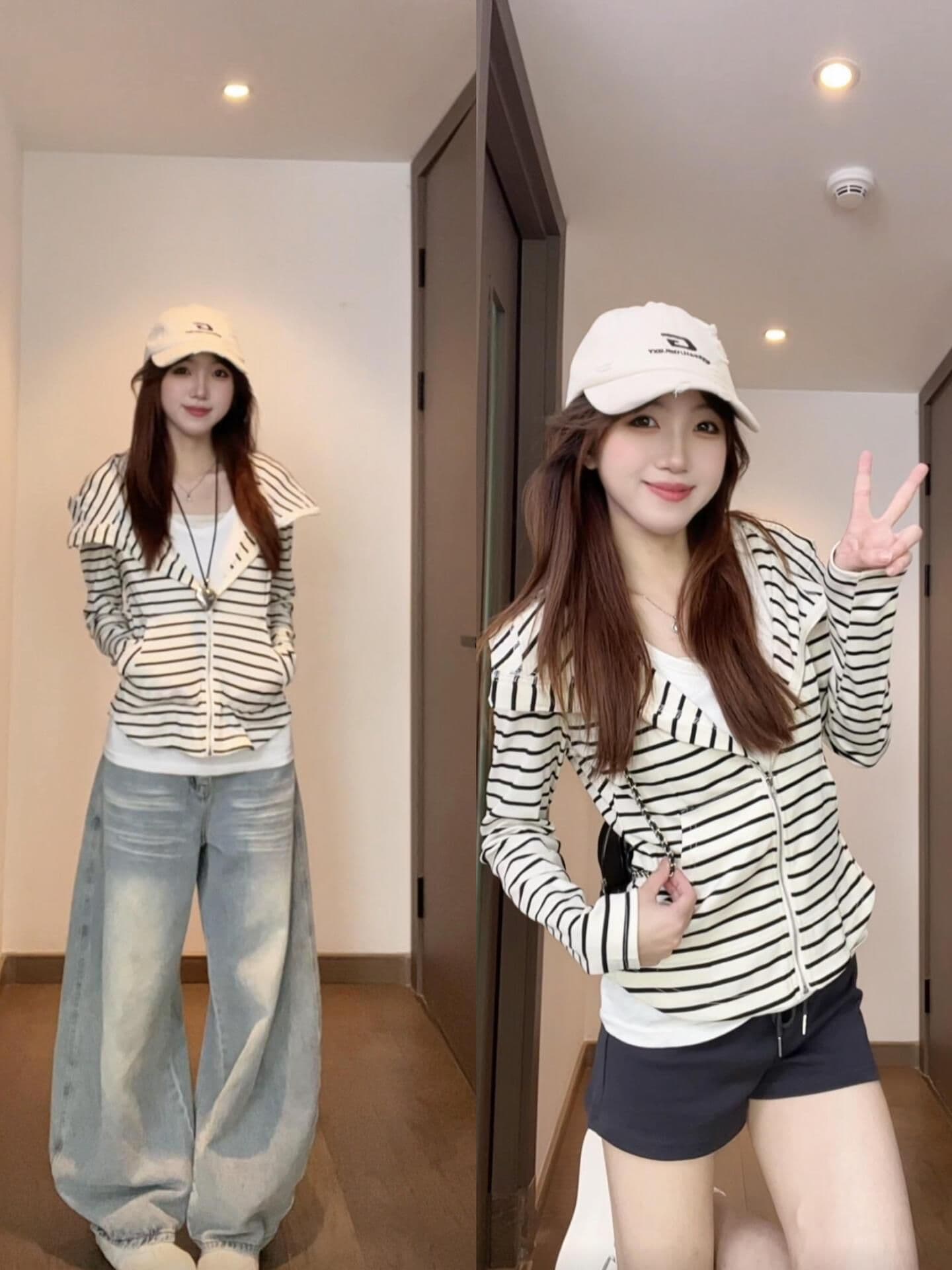 있음 선적 원본 대외 무역 한국 스타일 새로운 한 부서 가을 스트라이프 후드 티 스웨터 여성 루즈핏 느긋한 긴팔 재킷