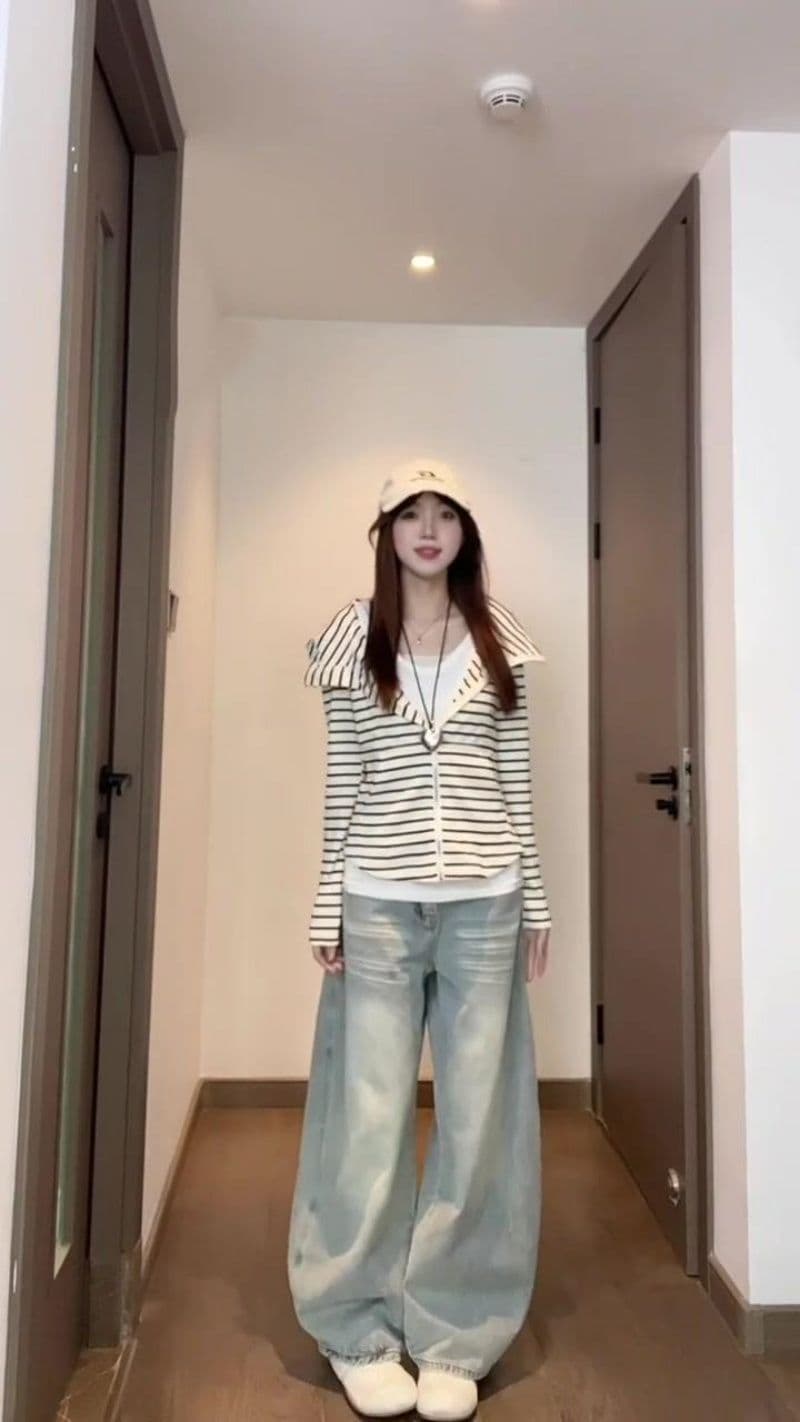 있음 선적 원본 대외 무역 한국 스타일 새로운 한 부서 가을 스트라이프 후드 티 스웨터 여성 루즈핏 느긋한 긴팔 재킷 상세 이미지 3