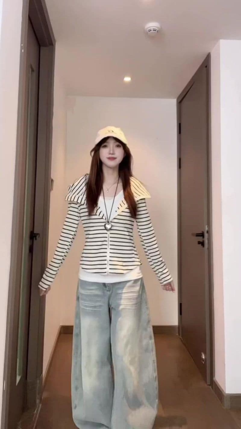 있음 선적 원본 대외 무역 한국 스타일 새로운 한 부서 가을 스트라이프 후드 티 스웨터 여성 루즈핏 느긋한 긴팔 재킷 상세 이미지 10