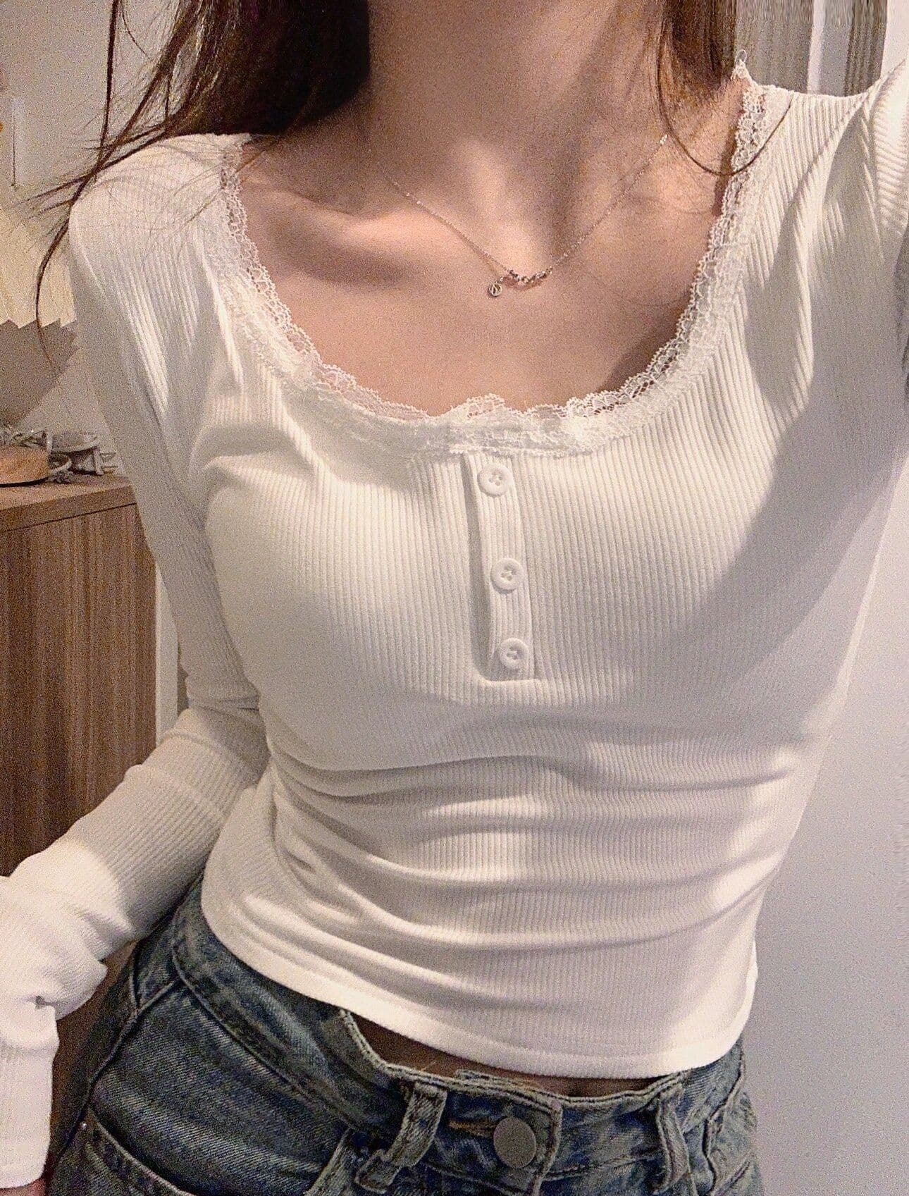 있음 선적 원본 대외 무역 한국 스타일 새로운 가을 레이스 레이스 u 칼라 티셔츠 순수한 욕망 바람 몸매 가꾸기 기본 셔츠 맨위 상세 이미지 3