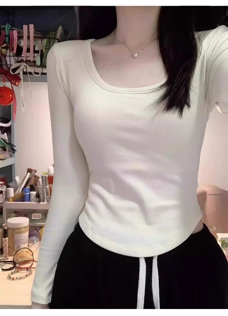 원본 대외 무역 한국 스타일 새로운 De 플러시 광장 칼라 긴팔 티셔츠 여성 가을 몸매 가꾸기 기본 셔츠 상세 이미지 1