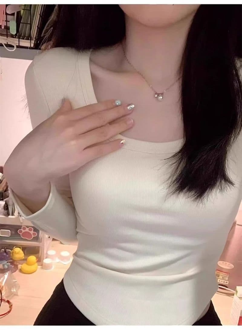원본 대외 무역 한국 스타일 새로운 De 플러시 광장 칼라 긴팔 티셔츠 여성 가을 몸매 가꾸기 기본 셔츠 상세 이미지 6
