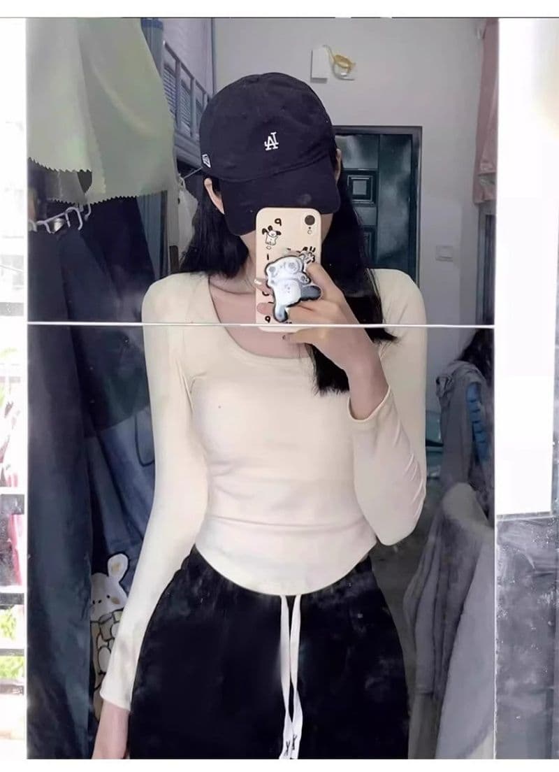 원본 대외 무역 한국 스타일 새로운 De 플러시 광장 칼라 긴팔 티셔츠 여성 가을 몸매 가꾸기 기본 셔츠 상세 이미지 8