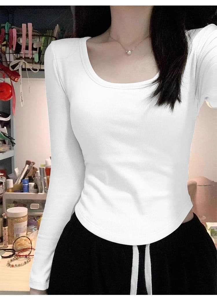 원본 대외 무역 한국 스타일 새로운 De 플러시 광장 칼라 긴팔 티셔츠 여성 가을 몸매 가꾸기 기본 셔츠 상세 이미지 11