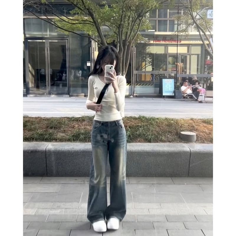 원본 대외 무역 한국 스타일 가을 새로운 디자인 센스 V넥 긴팔 티셔츠 여성 짧은 몸매 가꾸기 맨위 상세 이미지 11