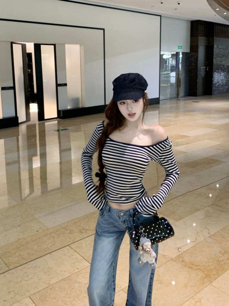 원본 대외 무역 새로운 한국 스타일 스트라이프 스트랩 백리스 u 칼라 티셔츠 여성 몸매 가꾸기 긴팔 맨위 상세 이미지 6