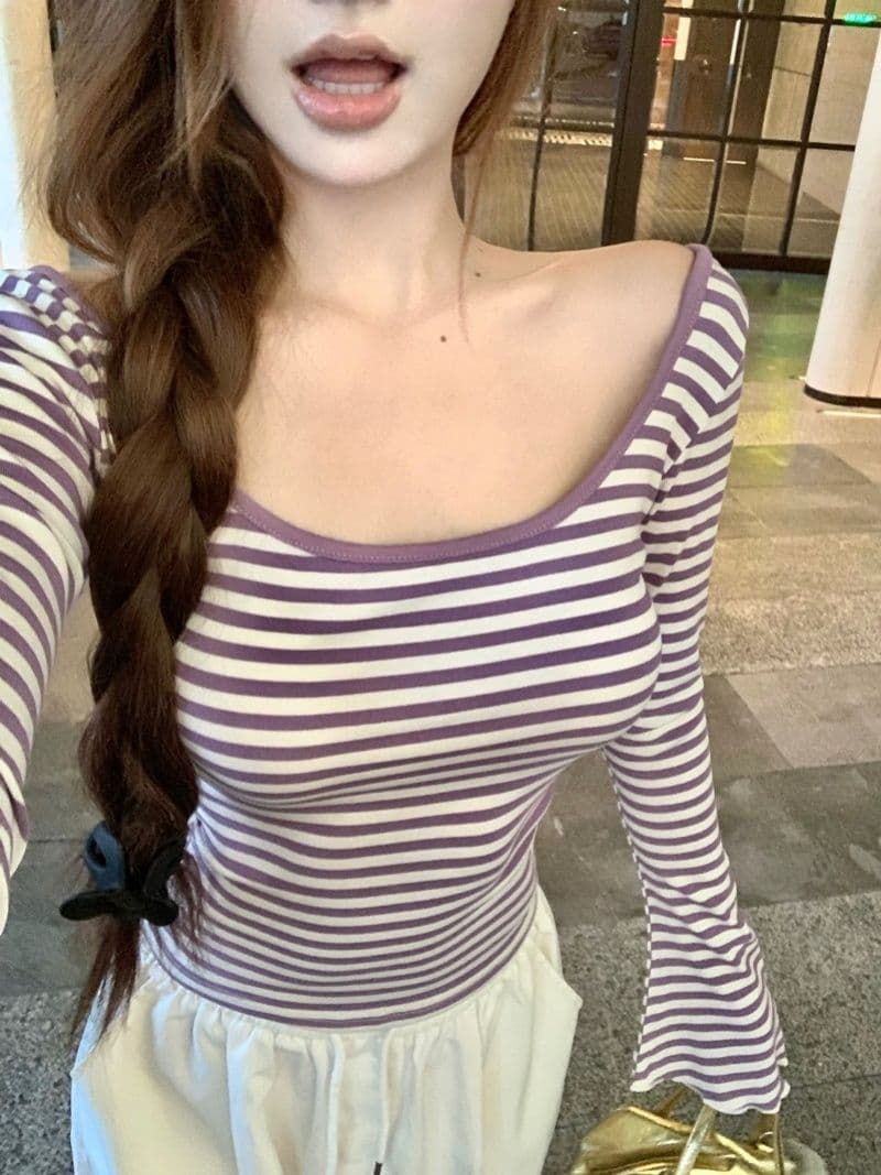 원본 대외 무역 새로운 한국 스타일 스트라이프 스트랩 백리스 u 칼라 티셔츠 여성 몸매 가꾸기 긴팔 맨위 상세 이미지 11