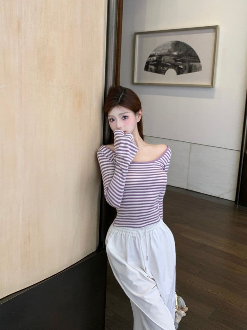 원본 대외 무역 새로운 한국 스타일 스트라이프 스트랩 백리스 u 칼라 티셔츠 여성 몸매 가꾸기 긴팔 맨위 상세 이미지 13