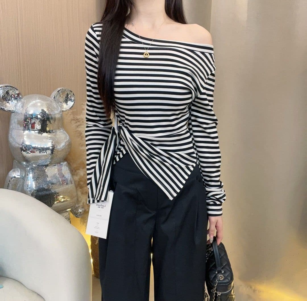 원본 대외 무역 한국 스타일 가을 새로운 밑단 불규칙 트임 비스듬한 어깨 긴팔 티셔츠 상세 이미지 10