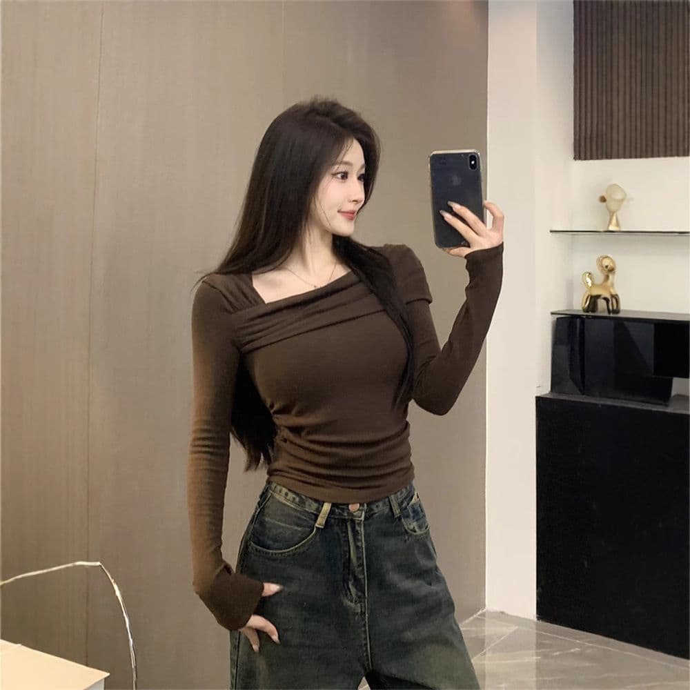 원본 대외 무역 가을 새로운 De 플러시 오프숄더 만나는 맨위 여성 한국 스타일 비스듬한 칼라 몸매 가꾸기 긴팔 티셔츠