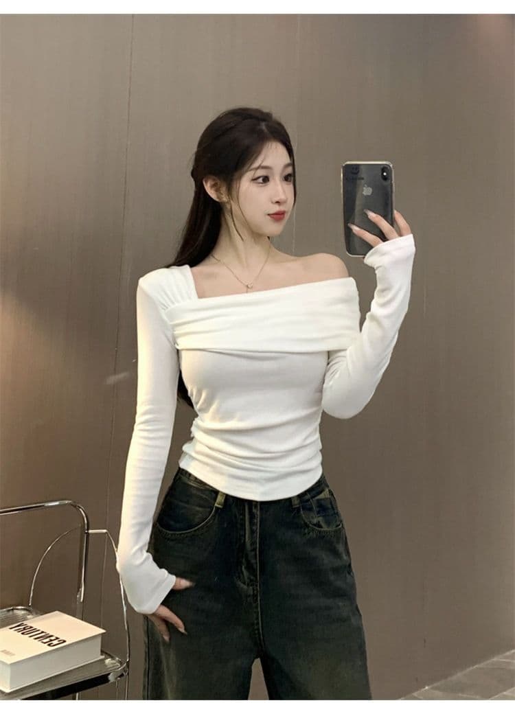 원본 대외 무역 가을 새로운 De 플러시 오프숄더 만나는 맨위 여성 한국 스타일 비스듬한 칼라 몸매 가꾸기 긴팔 티셔츠 상세 이미지 8