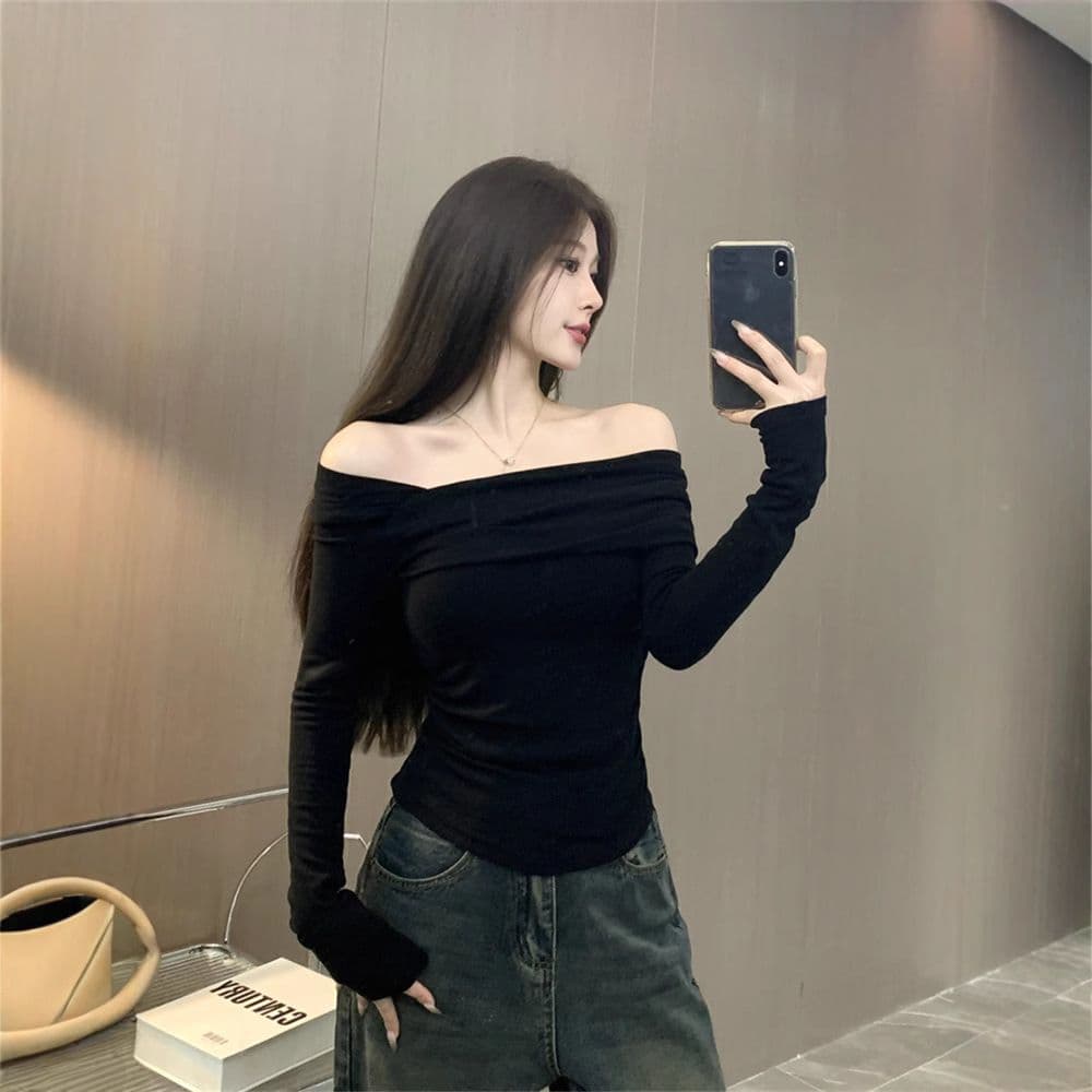 원본 대외 무역 가을 새로운 De 플러시 오프숄더 만나는 맨위 여성 한국 스타일 비스듬한 칼라 몸매 가꾸기 긴팔 티셔츠 상세 이미지 10