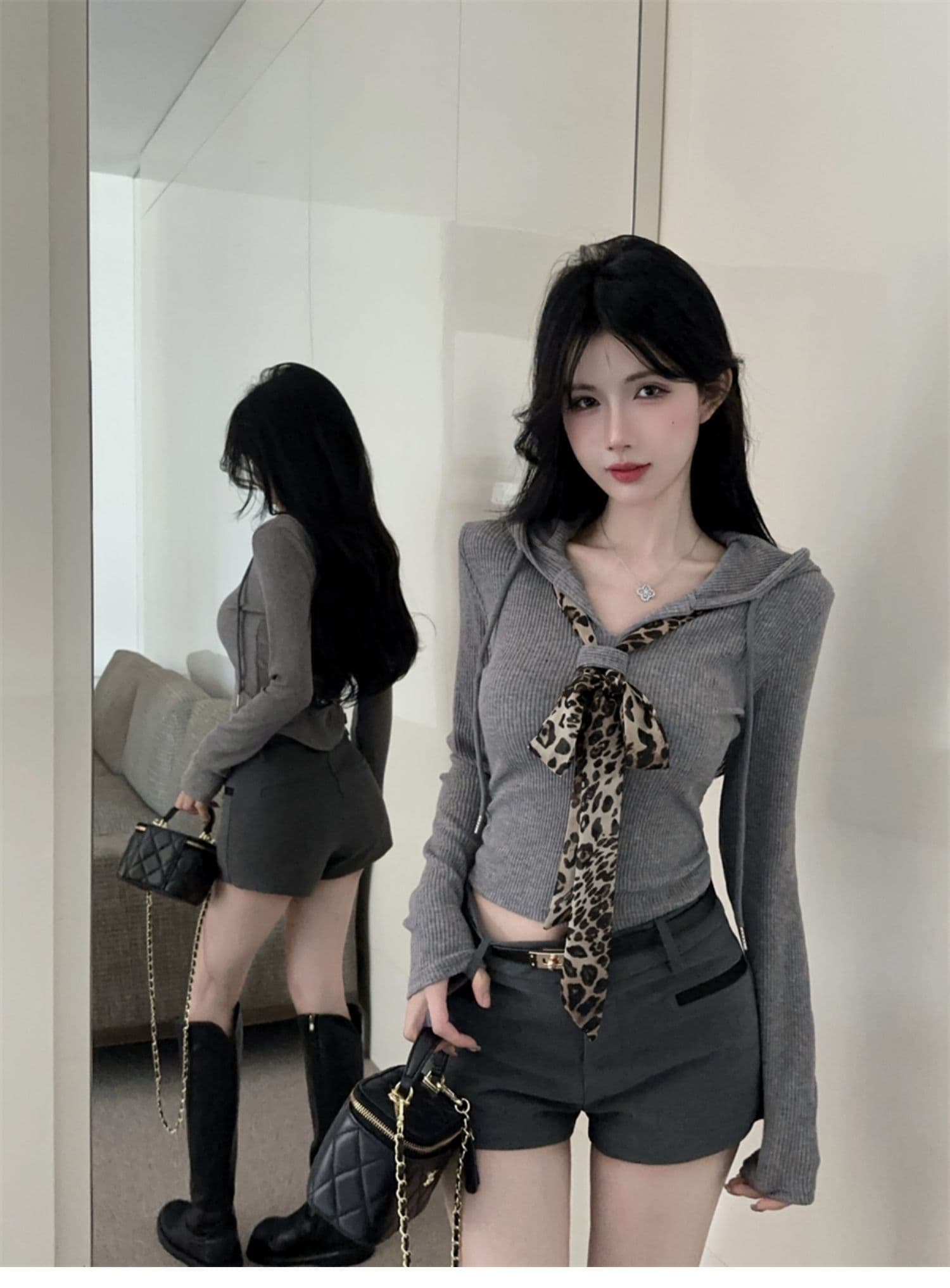 5 4 리브 V넥 레오파드 무늬 넥타이 패치워크 쇼트 스타일 긴팔 티셔츠 기본 셔츠 여성 가을 핫걸 후드 맨위 상세 이미지 6