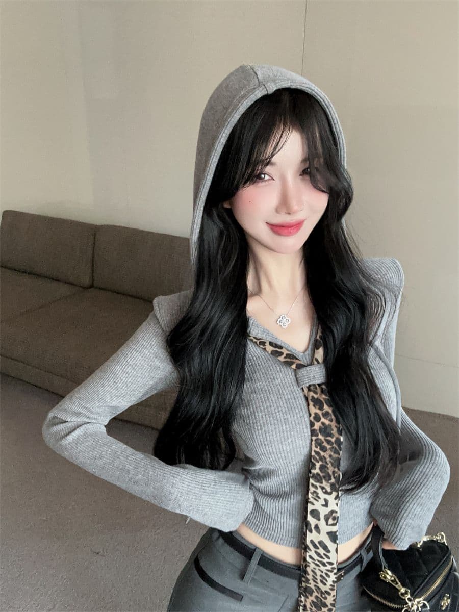 5 4 리브 V넥 레오파드 무늬 넥타이 패치워크 쇼트 스타일 긴팔 티셔츠 기본 셔츠 여성 가을 핫걸 후드 맨위 상세 이미지 8